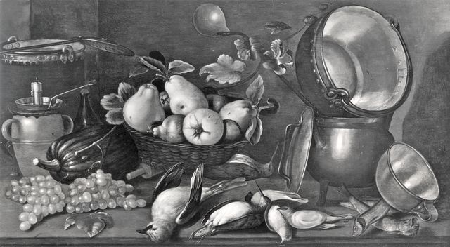 Arte Fotografica — Delff Cornelis Jacobsz. - sec. XVI/ XVII - Natura morta con cesto di pere, frutta, selvaggina e pentole — insieme